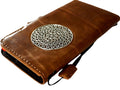 Handmade genuine leather phone case for iPhone models with vintage style, credit card slots, magnetic clasp, and full grain leather.