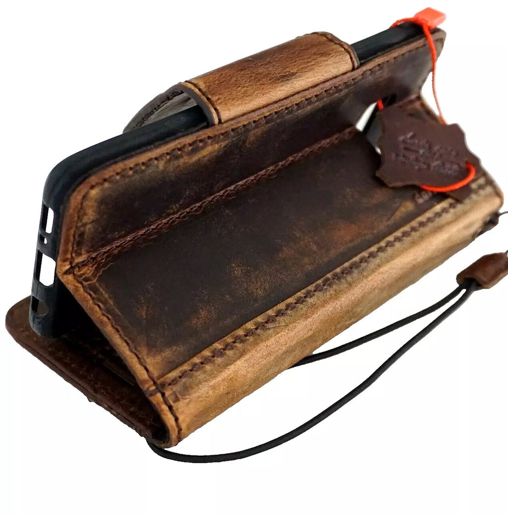 Handmade genuine leather phone case for iPhone models, vintage-style wallet cover with magnetic closure by DAVISCASE.