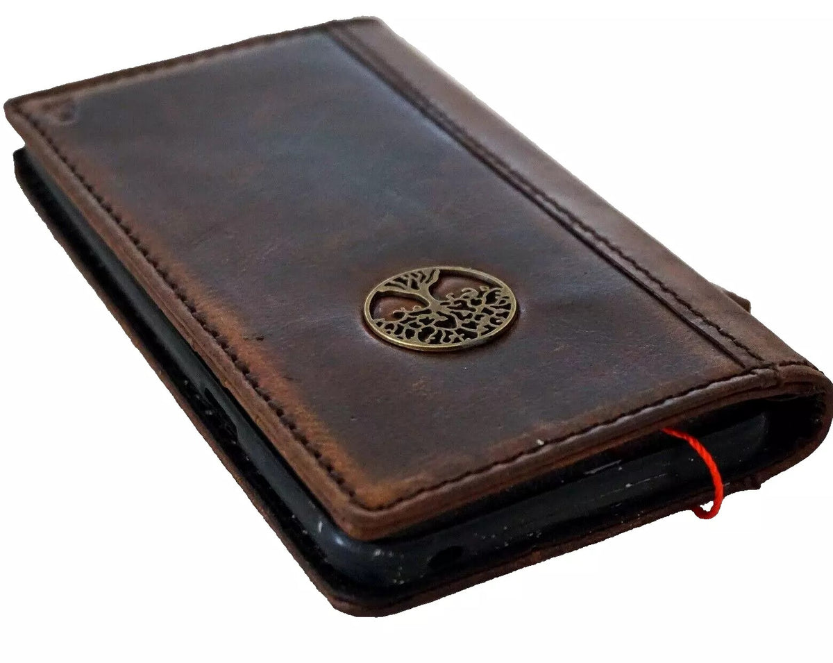 Handmade genuine leather phone case for iPhone 11-15 Pro Max with vintage Tree of Life design and craft wallet features by DAVISCASE.
