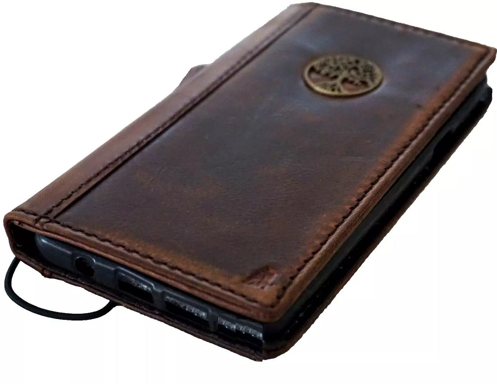Handmade genuine leather phone case for iPhone 11-15 Pro Max, vintage style with Tree of Life design and coin holder by DAVISCASE.