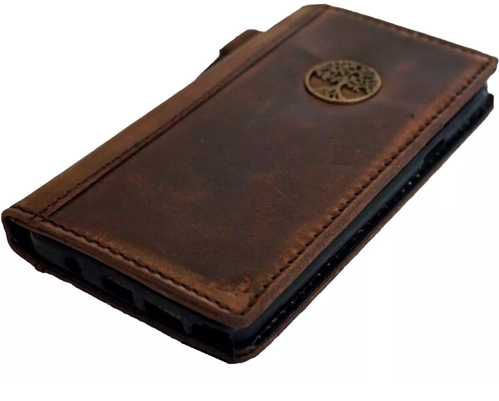 Handcrafted genuine leather phone case for iPhone 11-15 Pro Max, vintage-style with Tree of Life design and coin pocket by DAVISCASE.