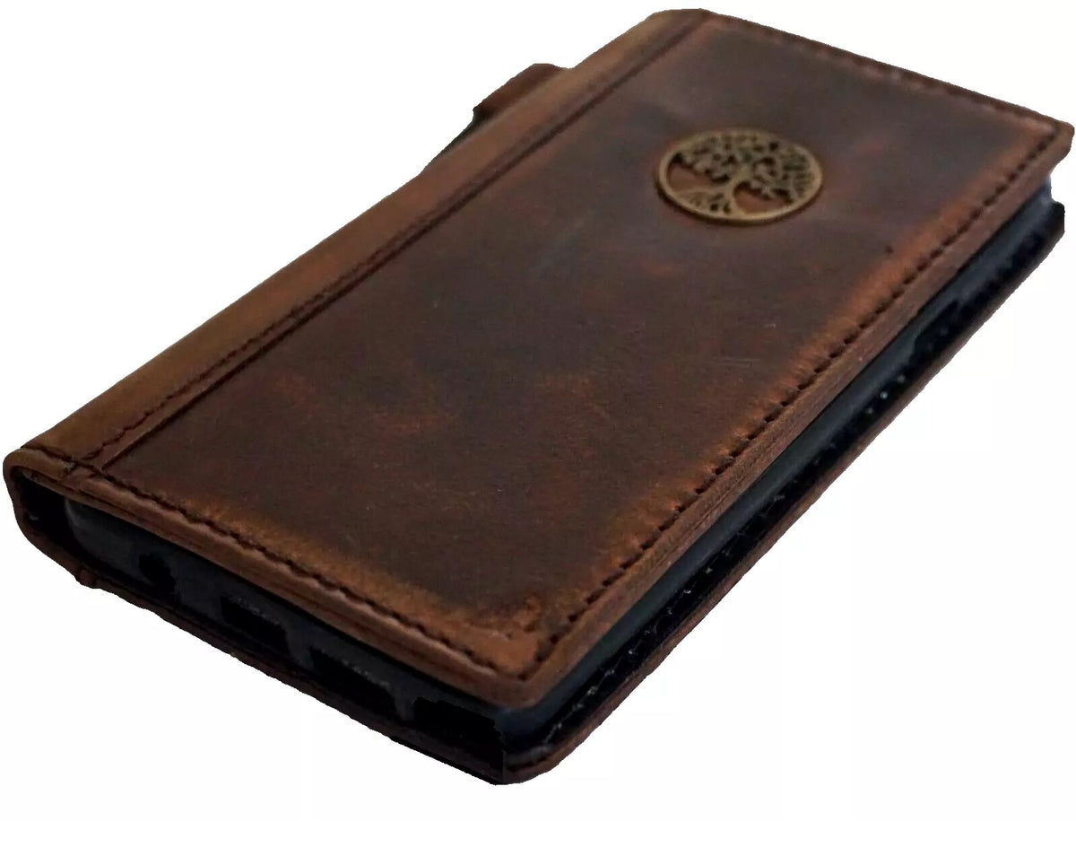 Handcrafted genuine leather phone case for iPhone 11-15 Pro Max, vintage-style with Tree of Life design and coin pocket by DAVISCASE.
