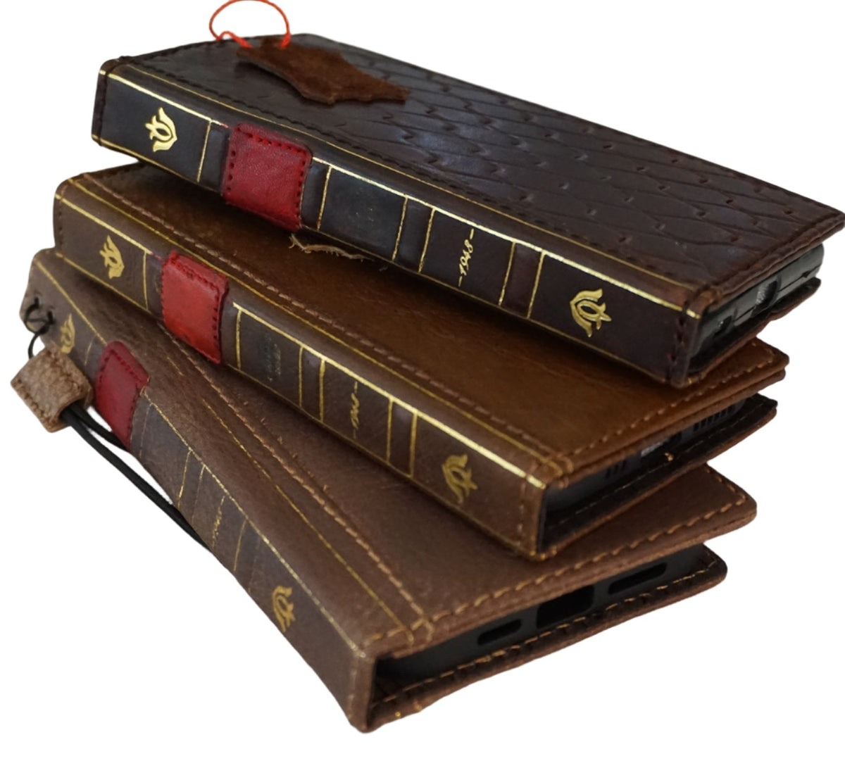 Handmade genuine leather phone case for iPhone 11-15 Pro Max, vintage shark Bible wallet cover by DAVISCASE in red with mini art design.