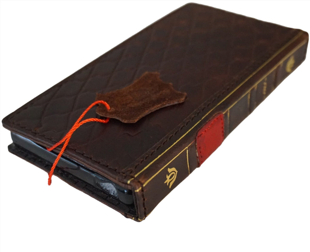 Handmade genuine leather phone case for iPhone 11-15 Pro Max, vintage red shark Bible wallet cover by DAVISCASE.