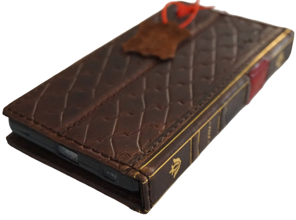 Handmade genuine leather phone case for iPhone 11-15 Pro Max, vintage red Shark Bible Wallet Cover by DAVISCASE.