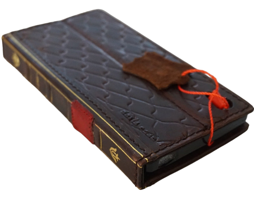 Handmade genuine leather phone case for iPhone 11-15 Pro Max, vintage red shark Bible wallet cover by DAVISCASE.