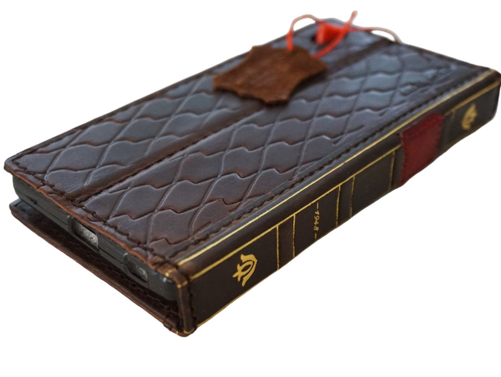 Handmade genuine leather phone case for Apple iPhone 11-15 Pro Max, with vintage shark design and red art-inspired squares.