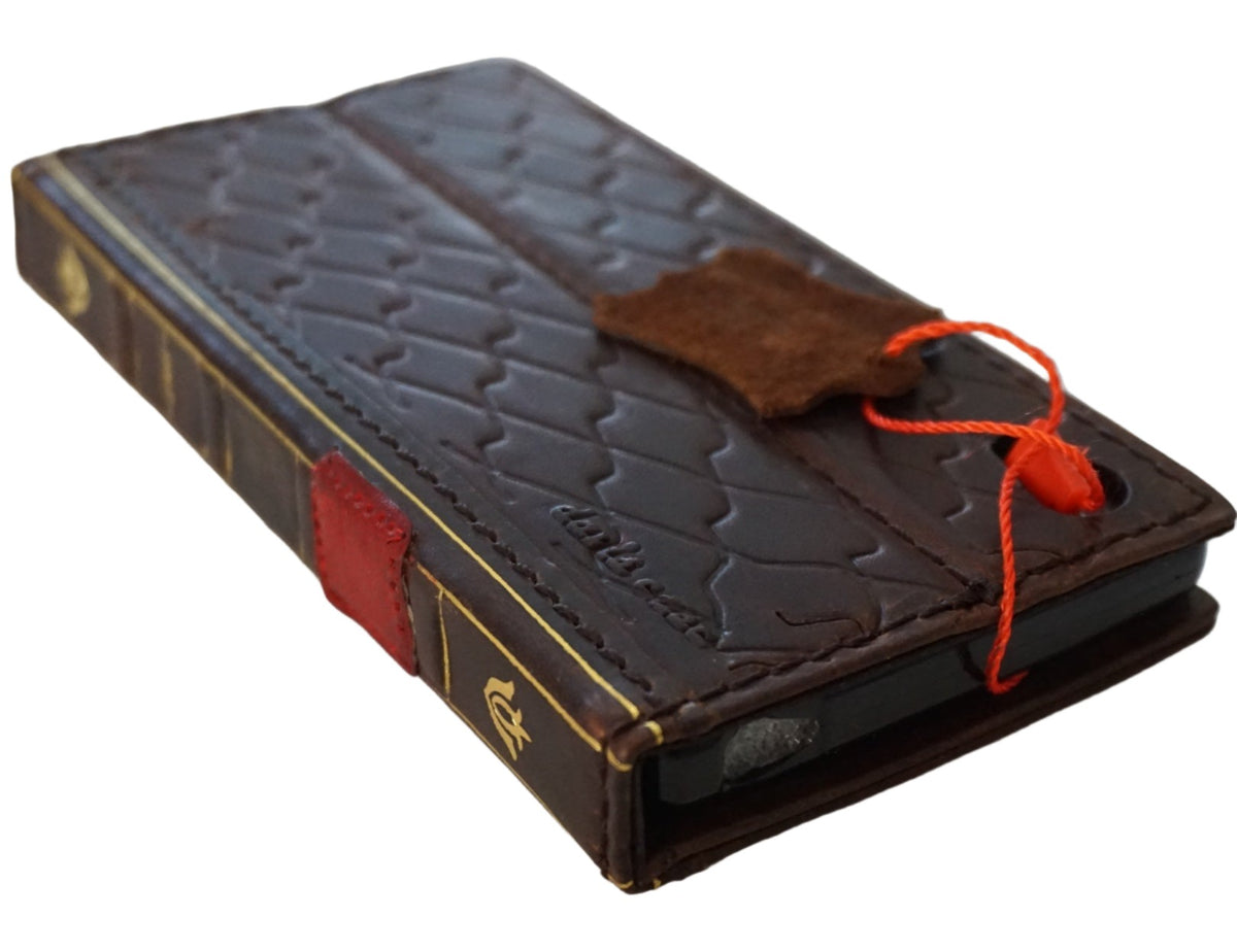 Handmade genuine leather phone case for iPhone 11-15 Pro Max, vintage shark Bible wallet cover in red with mini art squares by DAVISCASE.