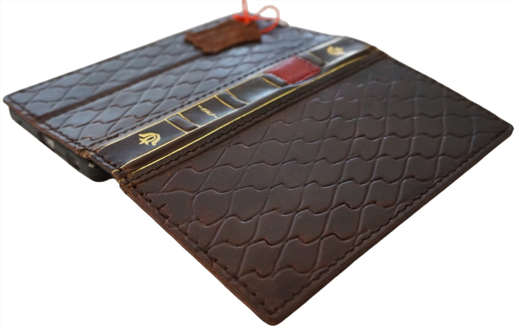 Handmade genuine leather phone case for iPhone 11-15 Pro Max, vintage shark Bible wallet cover in red with mini art squares by DAVISCASE.