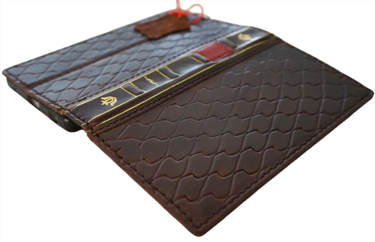 Handmade genuine leather phone case for iPhone 11-15 Pro Max, vintage shark Bible wallet cover in red with mini art squares by DAVISCASE.