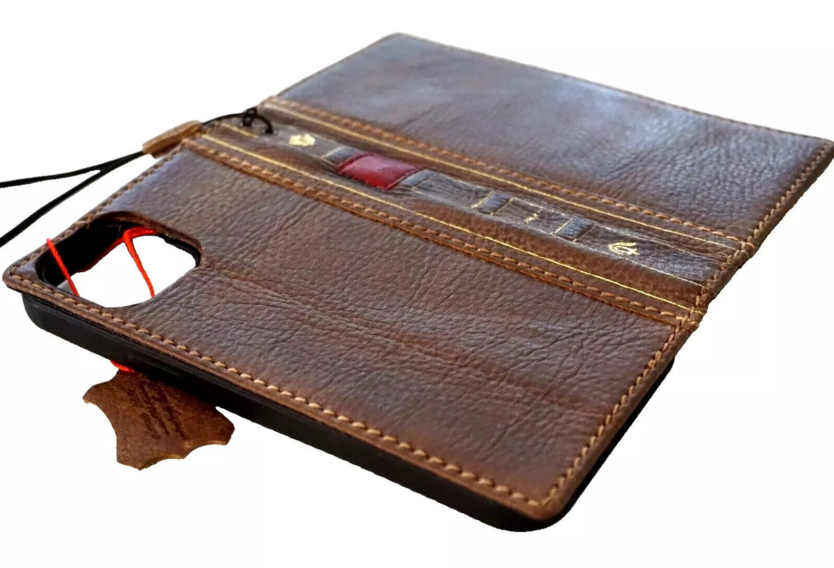 Handmade genuine leather phone case for iPhone 11-15 Pro Max, vintage Shark Bible wallet cover by DAVISCASE.