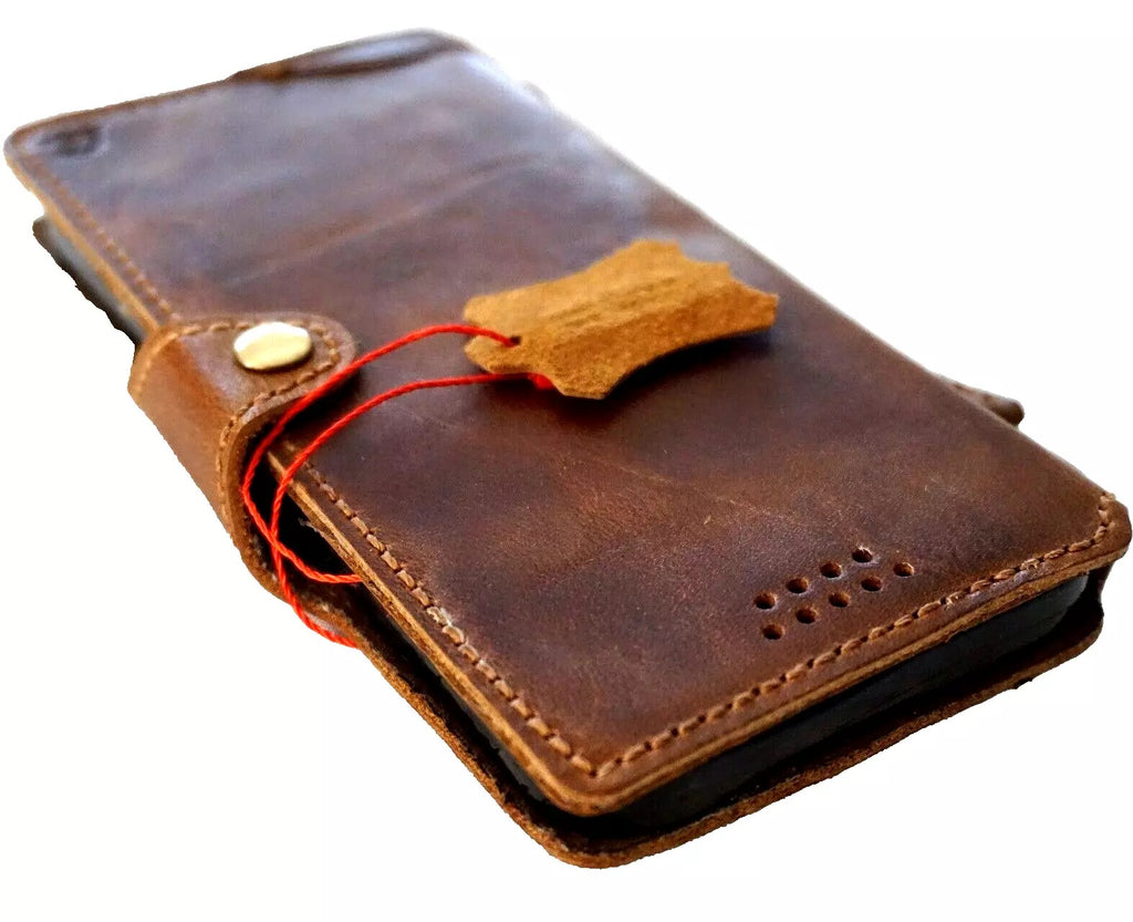 Handmade vintage tan leather wallet case for iPhone 15, 16, 17 Pro Max and Air 8 Plus by DAVISCASE, featuring card slots and a slim design.