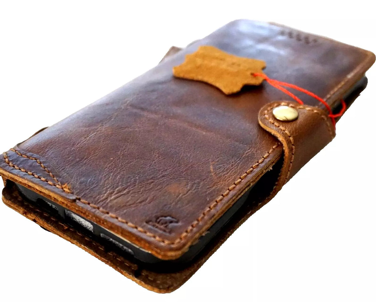 Handmade vintage tan leather wallet case for Apple iPhone 15, 16, 17, 8 Plus, SE, and Air models by DAVISCASE.