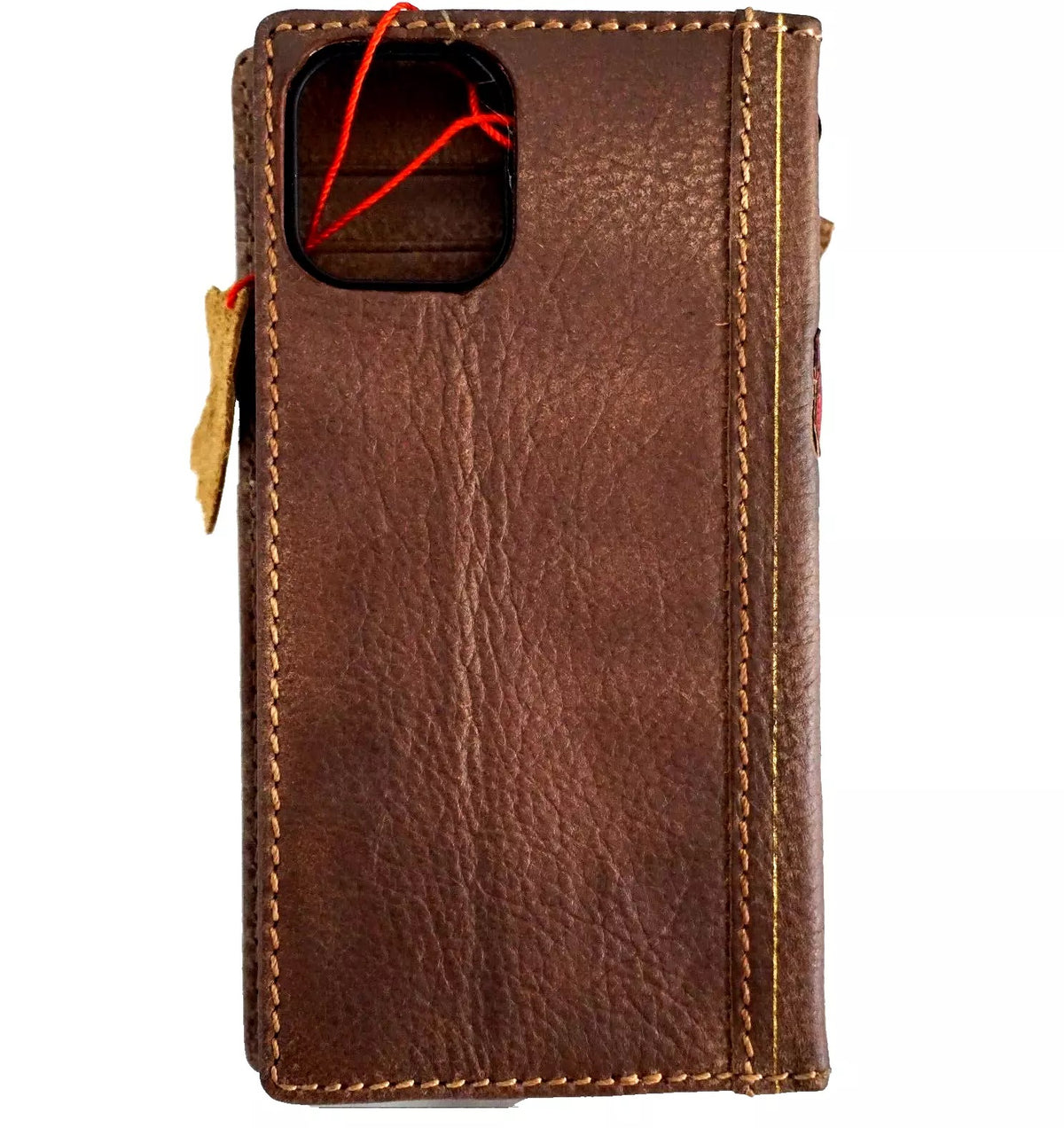 Handmade genuine leather phone case by DAVISCASE for iPhone 11-15 Pro Max, vintage shark Bible wallet cover with mini art design.