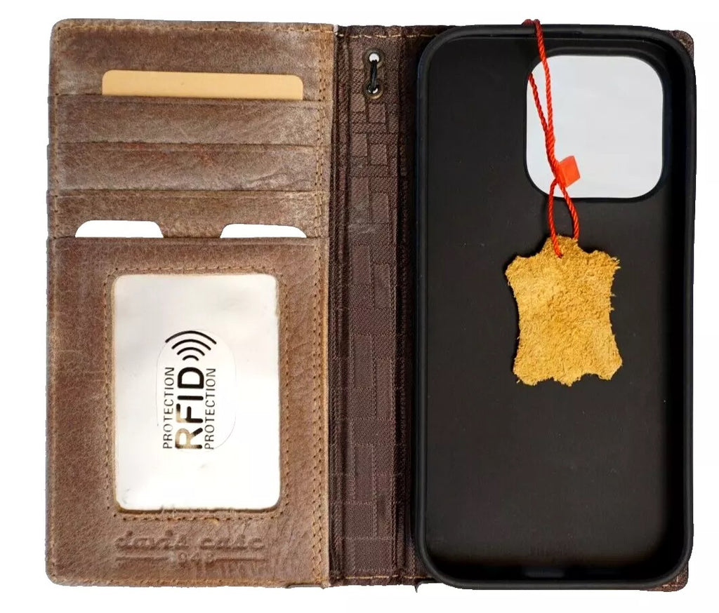 Handmade genuine leather phone case for iPhone 11-16 Pro Max, SE, XS, with vintage Bible-inspired design by DAVISCASE.