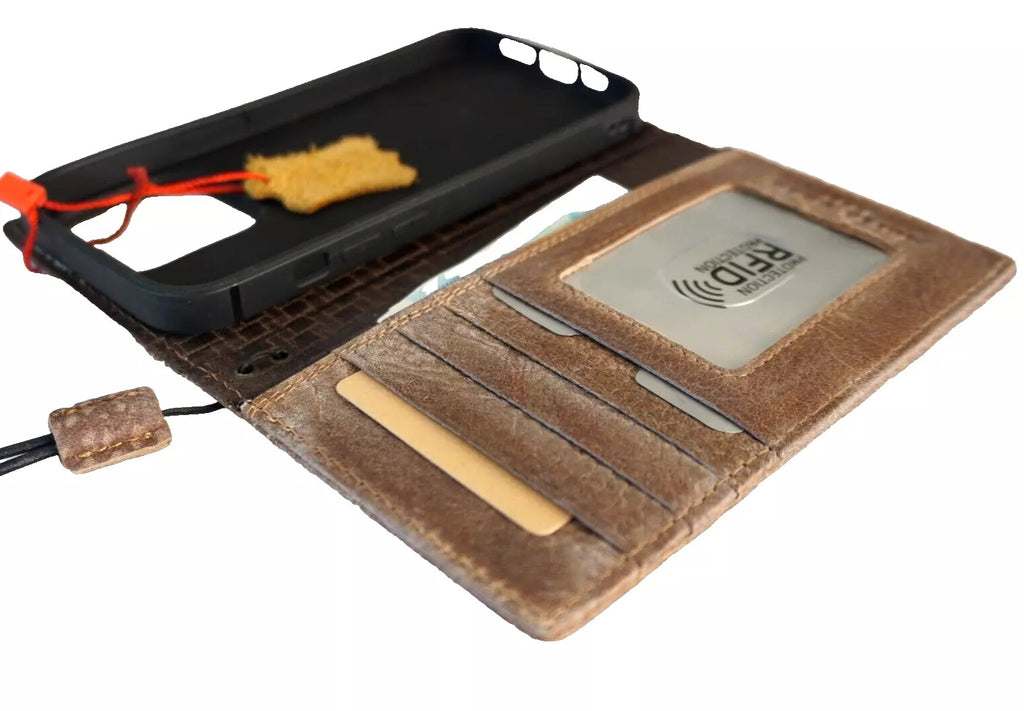 Handmade genuine leather phone case by DAVISCASE for iPhone 11-16 Pro Max, SE, XS, with vintage Bible-inspired design.