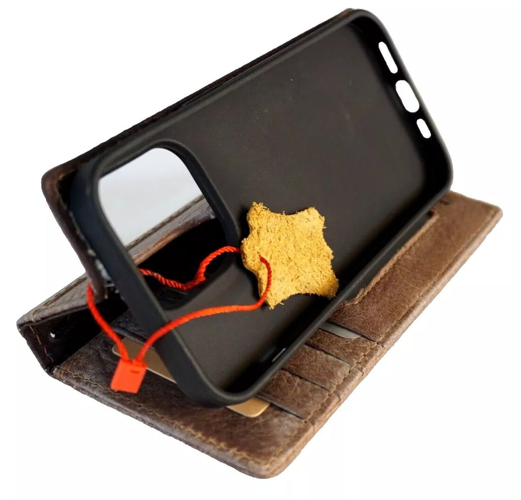 Handmade leather phone case by DAVISCASE for iPhone 11-16 Pro Max, vintage mini art design, white stone finish, wallet-style cover.