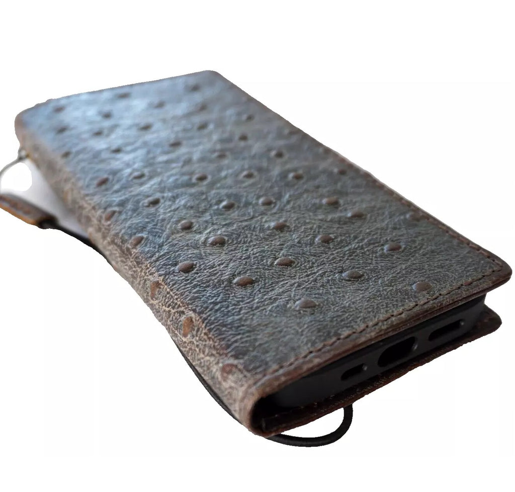Handmade genuine leather phone case for Samsung Galaxy S22, S21, S20, Note 10-20, and A series, featuring wallet and mini ostrich design.