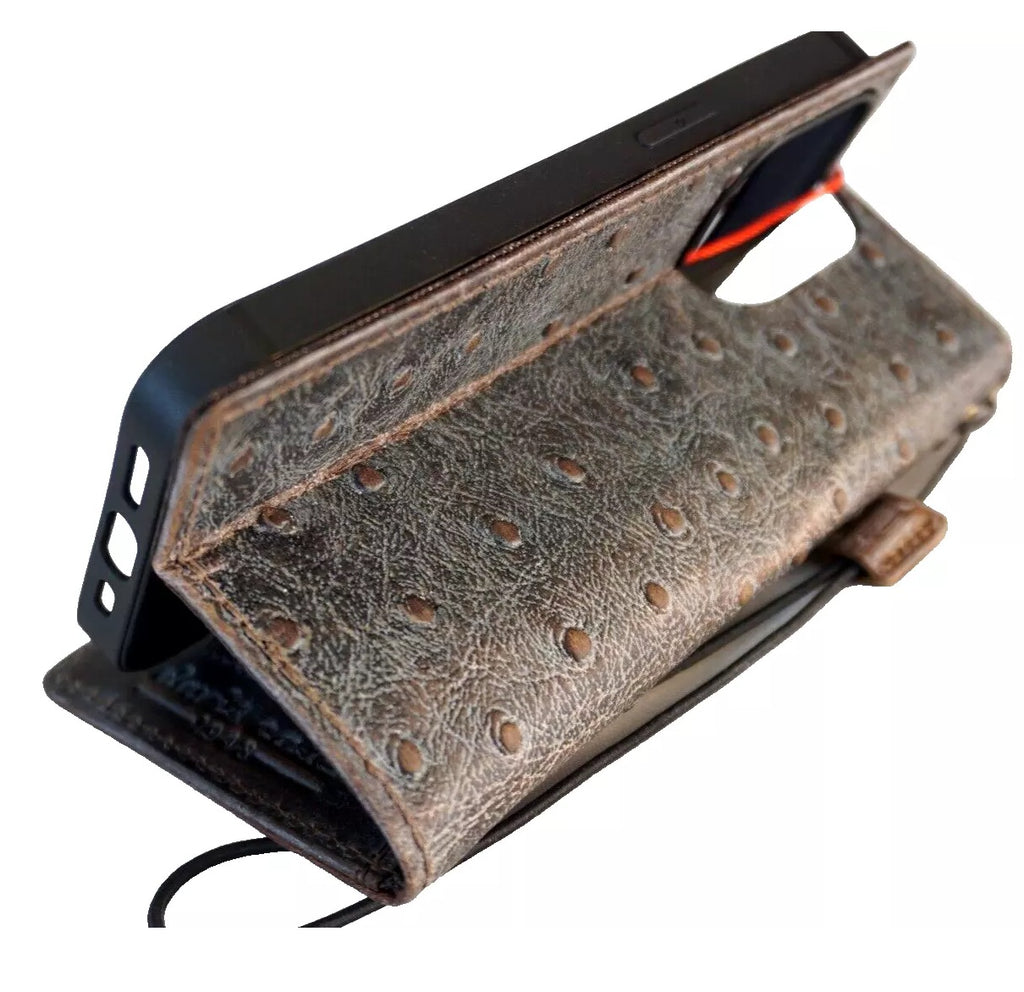 Handmade genuine leather phone case for Galaxy S22, S21, Note 10, A53, Z Fold 4, and more, featuring wallet and mini ostrich design.