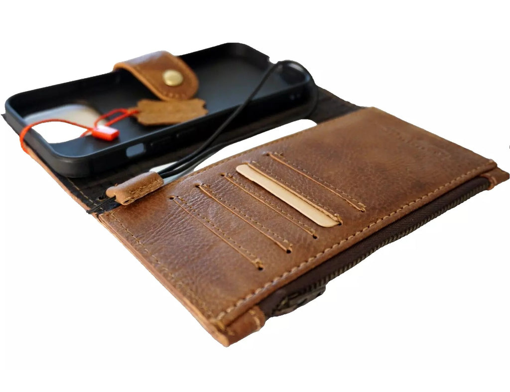 Handmade genuine leather phone case for iPhone models 12 to 17 and Air 8 Plus, featuring a vintage wallet book design with zipper.