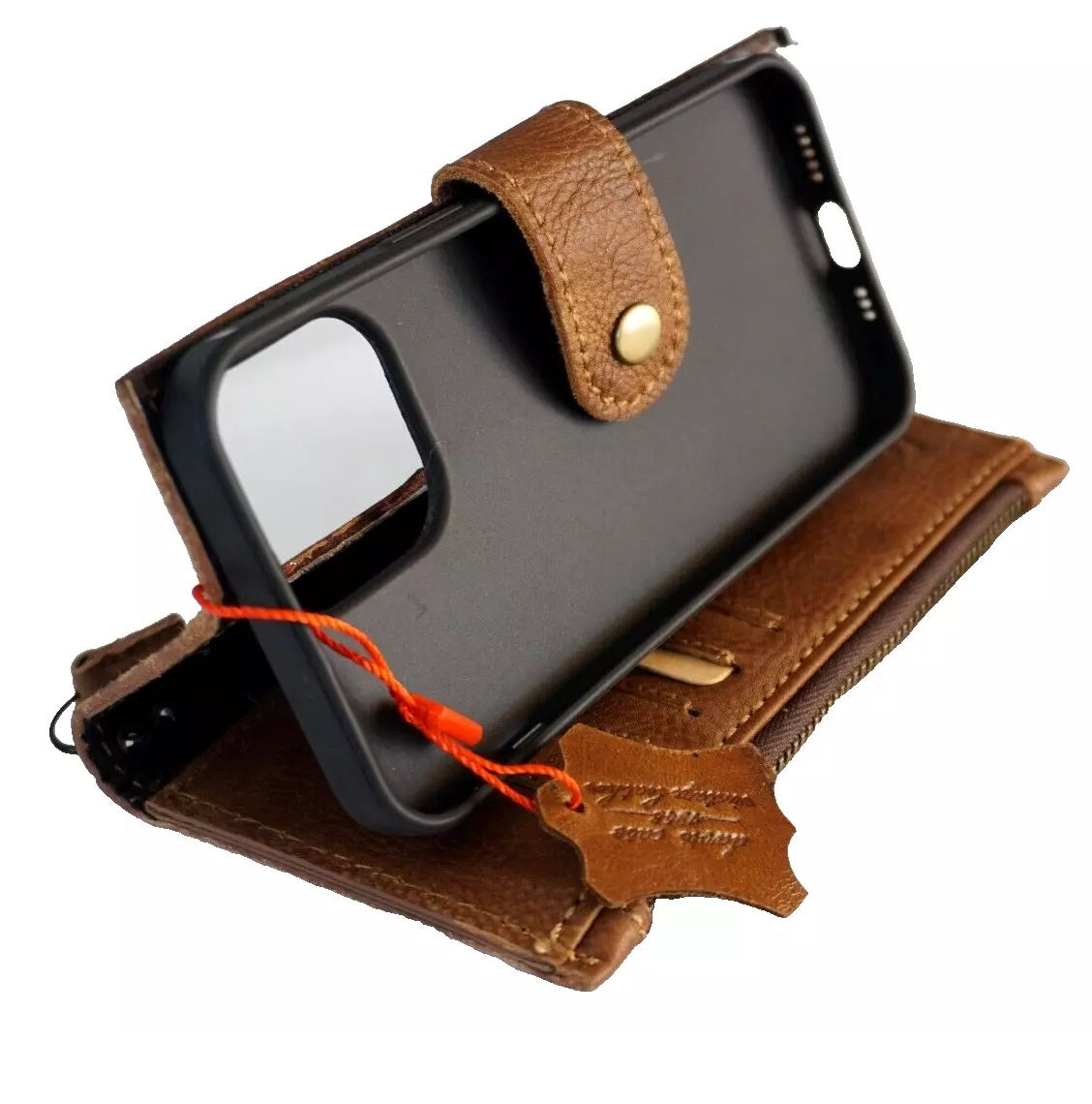 Genuine leather wallet case for Google Pixel phones, DAVISCASE, with fold design, zip closure, vintage style, and card slots.