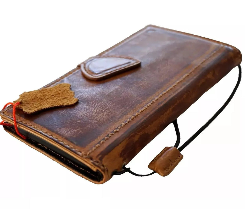 Handmade genuine leather phone case for Samsung Galaxy S22, S21, Note 20, A71, and more, with wallet features, in tan smoked leather.