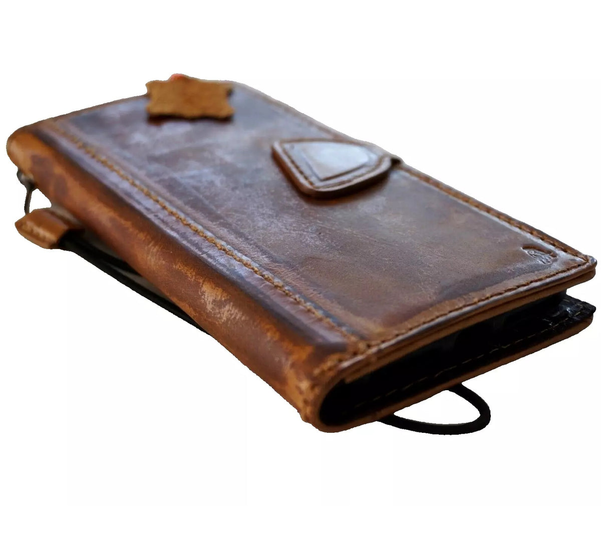 Handmade genuine leather phone case for Samsung Galaxy S22, S21, Note 20, A71, A51, and more, with wallet and fold features in tan smoked leather.