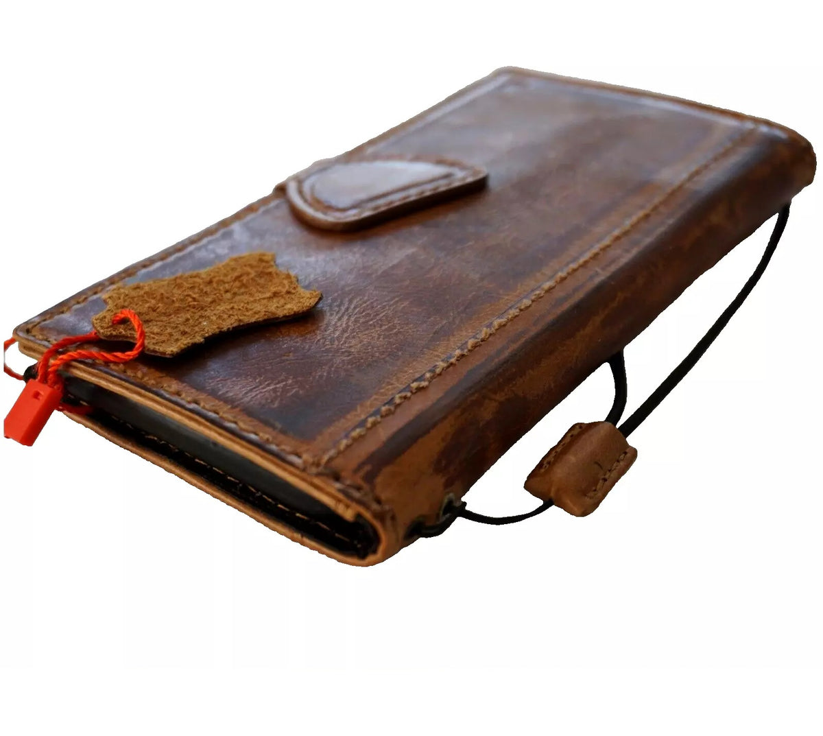 Handmade genuine leather phone case by DAVISCASE for iPhone 12-15 Pro Max, featuring a smoked shark design and magnetic wallet style.