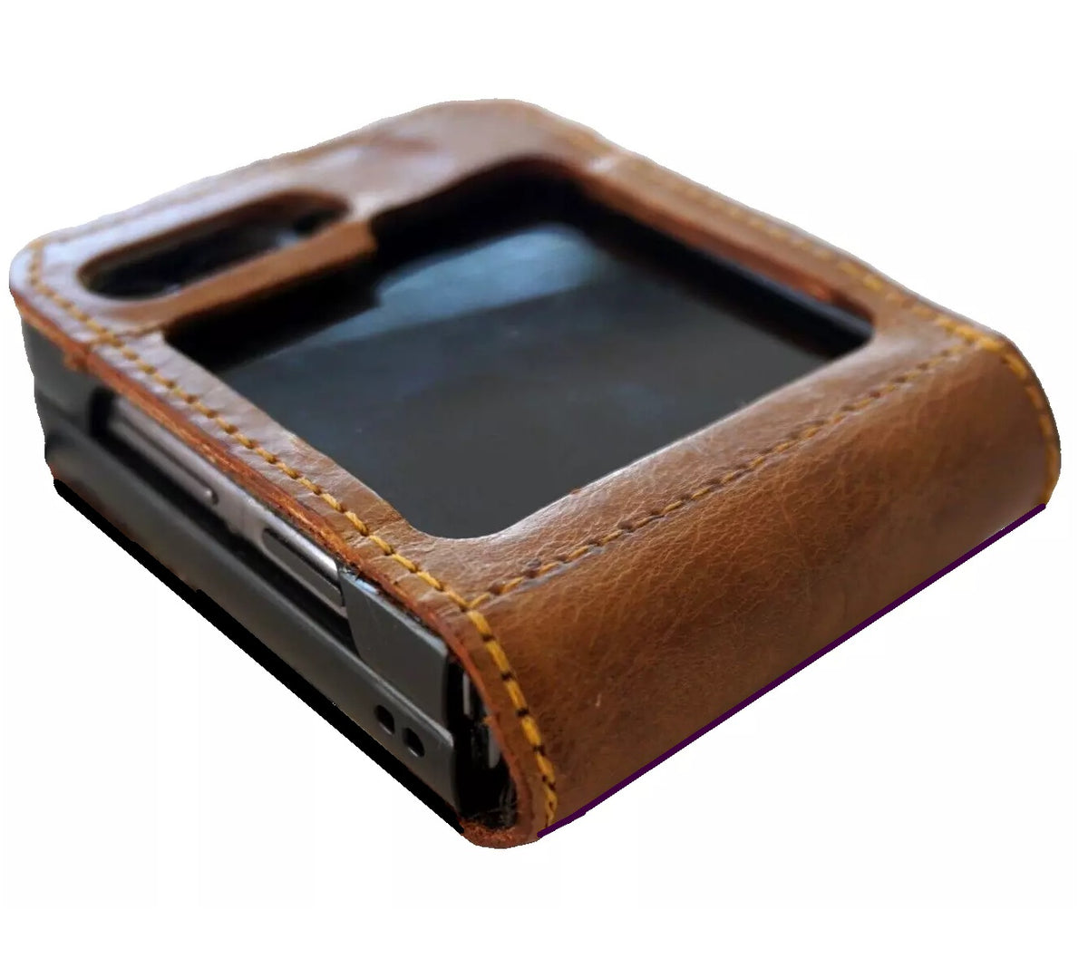 Handmade genuine leather wallet case for Galaxy Z Flip 3-7 featuring vintage rustic design and Tree of Life motif by DAVISCASE.