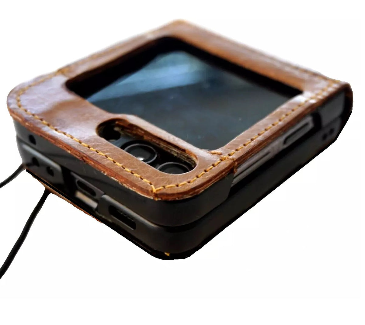 Handmade genuine leather wallet phone case for Galaxy Z Flip series with vintage rustic Tree of Life design by DAVISCASE.