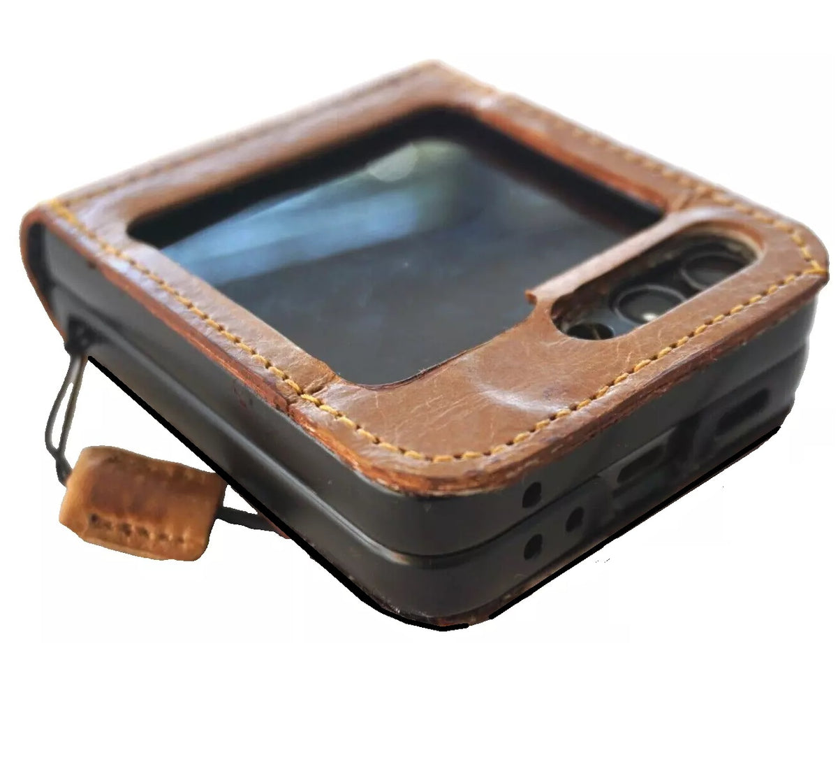 Handmade genuine leather phone case with vintage rustic Tree of Life design for Galaxy Z Flip 3-7 by DAVISCASE