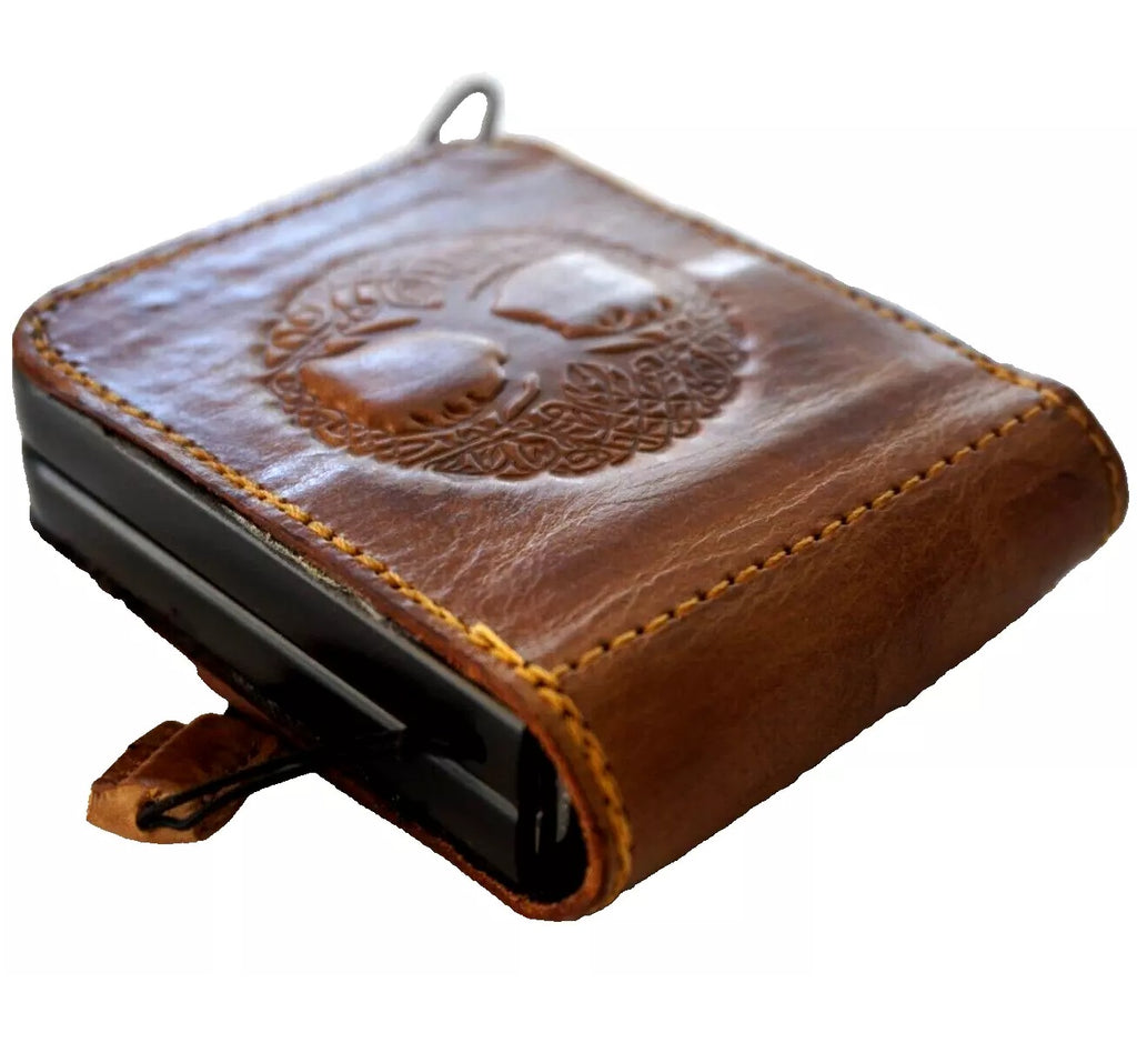 Handmade genuine leather wallet phone case for Galaxy Z Flip 3-7 with vintage rustic Tree of Life design by DAVISCASE.
