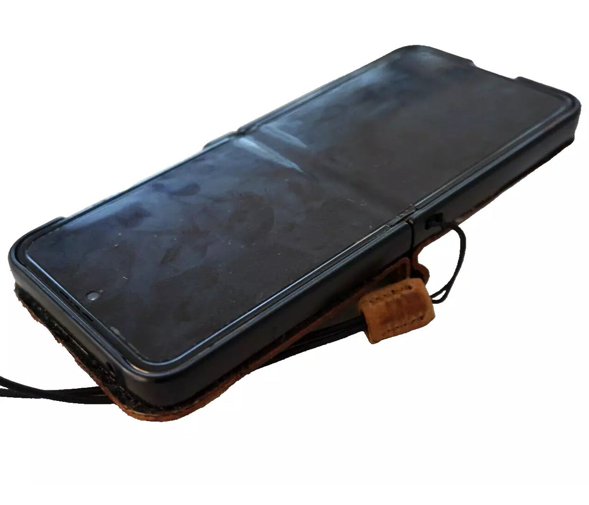Handmade black crocodile leather phone case for Galaxy Z Flip 3-7 with flip wallet design, by DAVISCASE.
