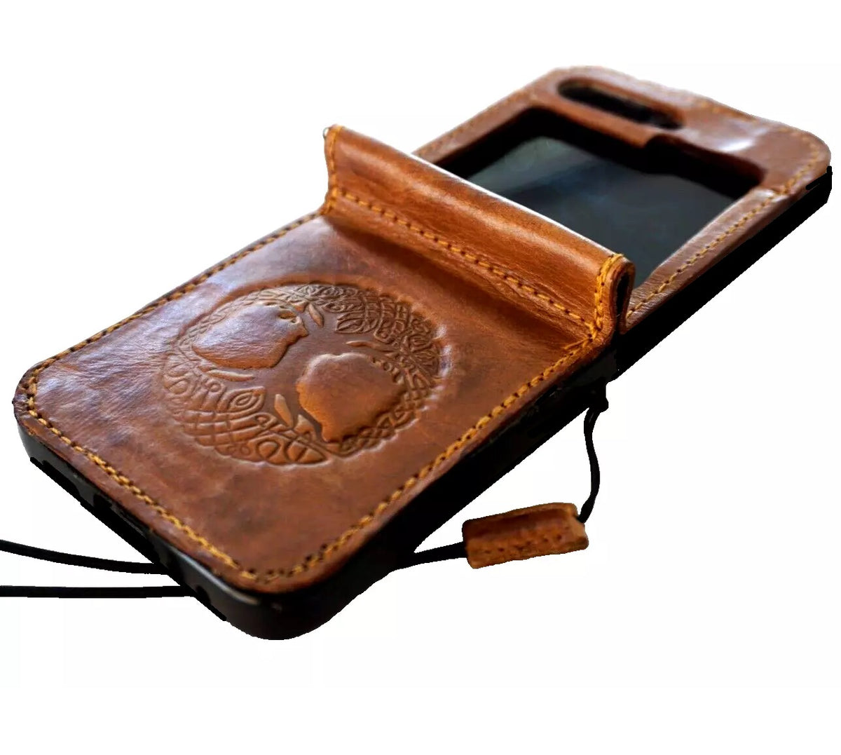 Handmade genuine leather wallet case for Galaxy Z Flip series, featuring vintage rustic design with Tree of Life detail by DAVISCASE.