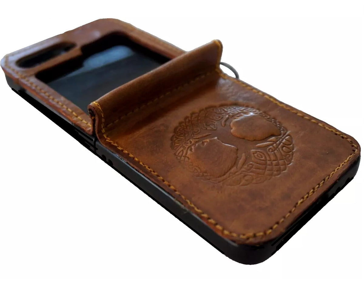 Handmade genuine leather phone wallet case with vintage rustic Tree of Life design for Galaxy Z Flip 3-7 by DAVISCASE.