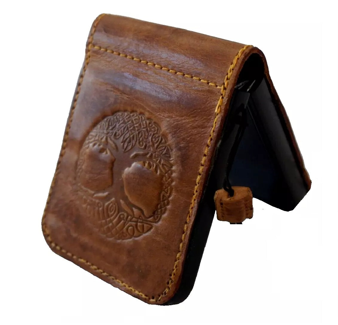 Handmade genuine leather phone case for Galaxy Z Flip series with vintage rustic Tree of Life design by DAVISCASE.