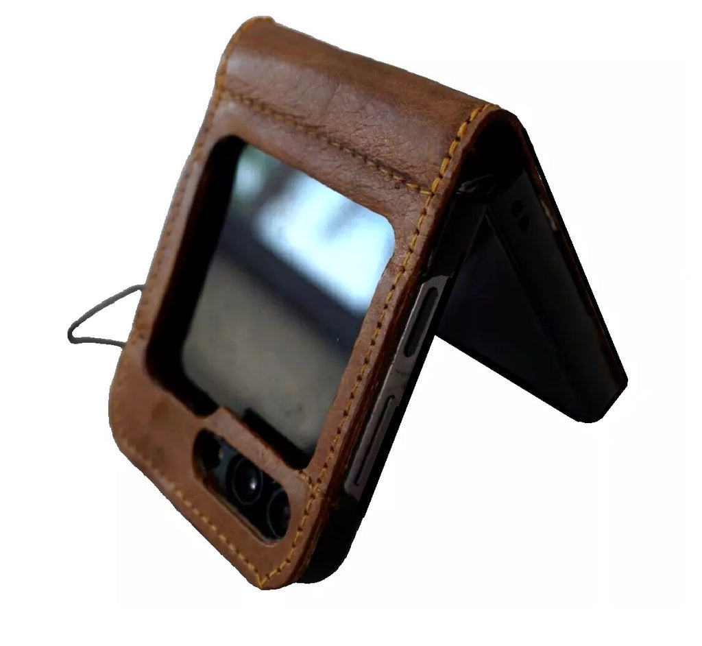 Genuine leather wallet phone case for Galaxy Z Flip 3 to 7, DAVISCASE vintage rustic cover with Tree of Life design.