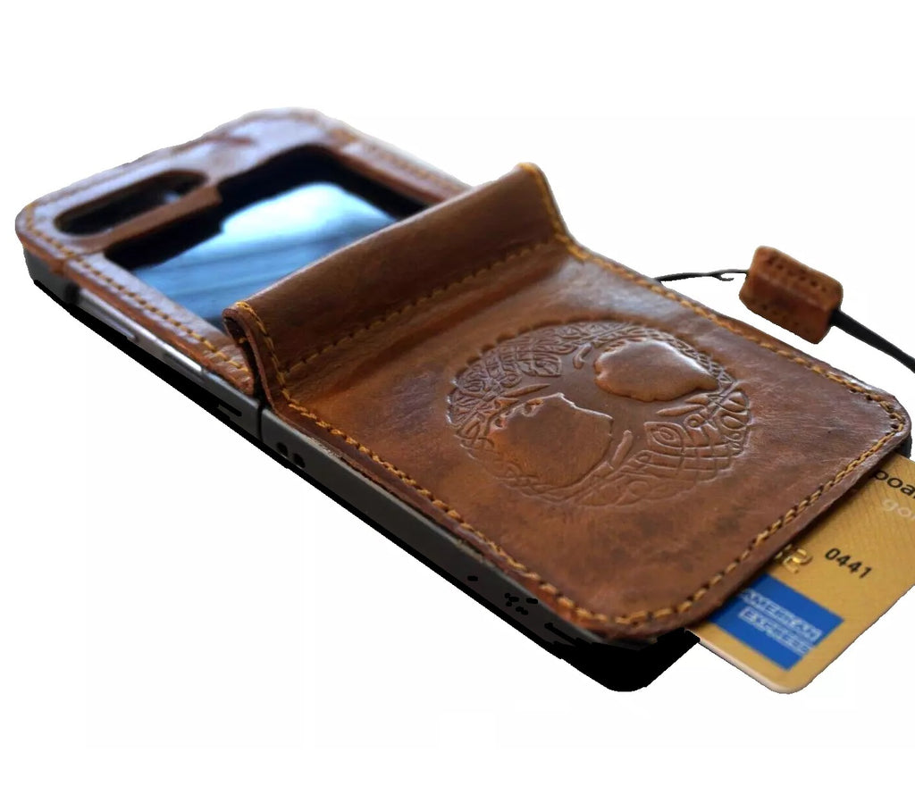 Handmade genuine leather wallet case for Galaxy Z Flip 3-7 with vintage rustic Tree of Life design by DAVISCASE.