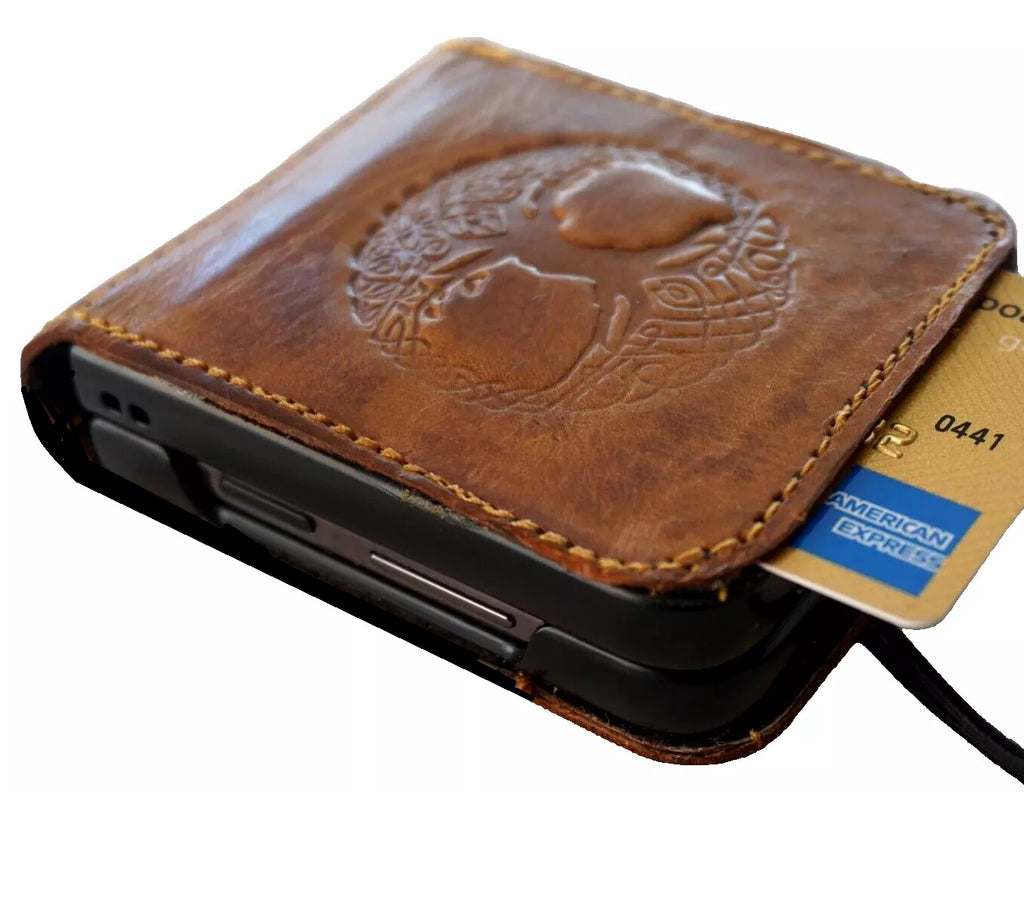 Handmade leather wallet phone case for Galaxy Z Flip series featuring vintage rustic Tree of Life design by DAVISCASE