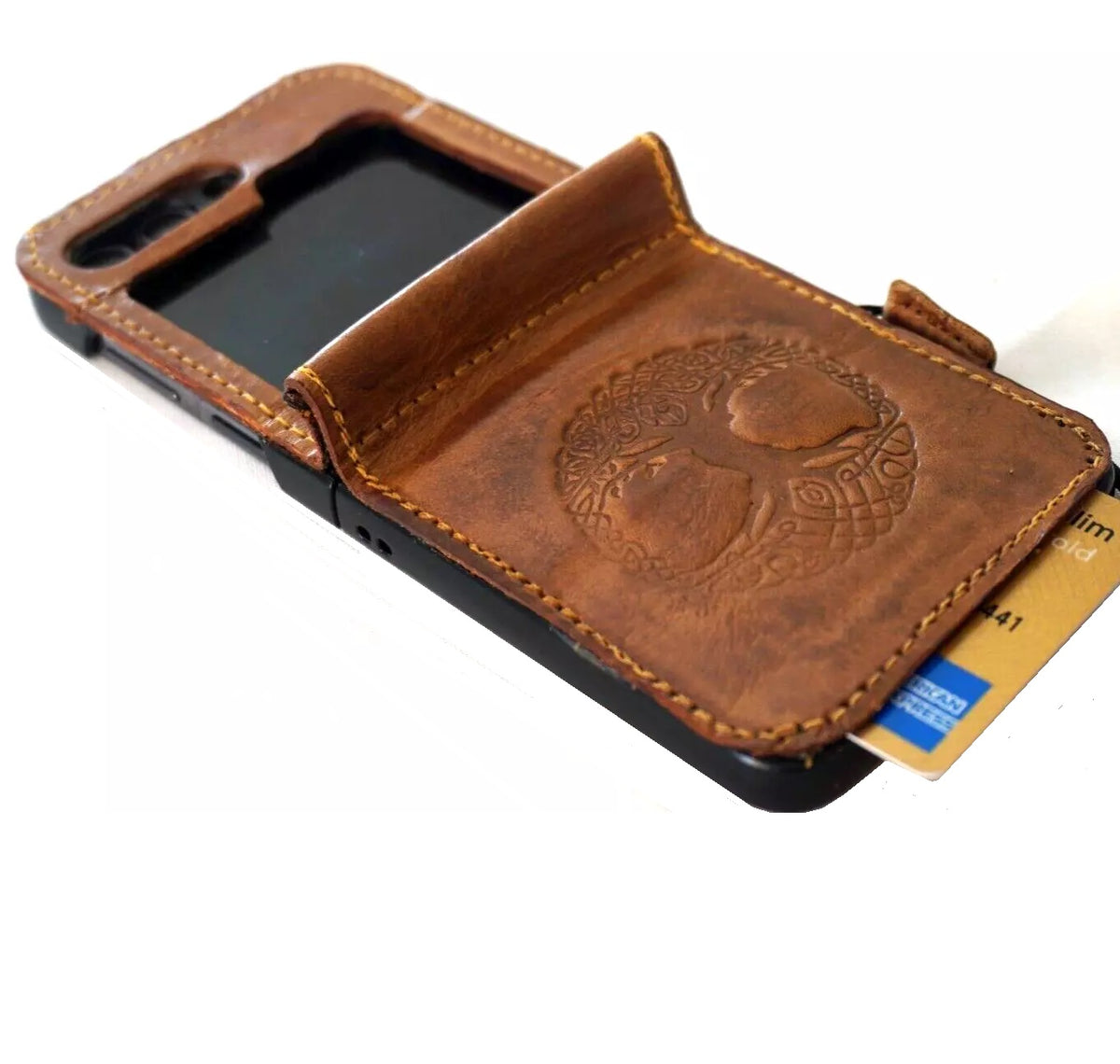 Handmade genuine leather wallet phone case for Galaxy Z Flip series with vintage rustic Tree of Life design by DAVISCASE.