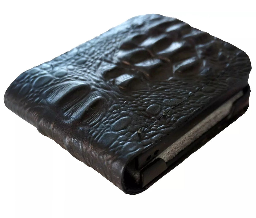 Handmade genuine leather phone case for Galaxy Z Flip series, black crocodile pattern wallet cover by DAVISCASE.