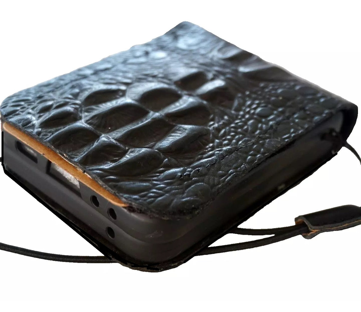 Handmade black crocodile leather flip wallet case for Galaxy Z Flip 3, 4, 5, 6, 7 by DAVISCASE, with vintage design and card slots.