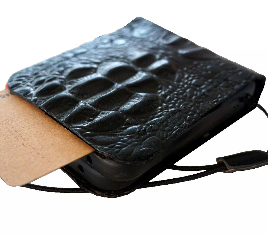 Genuine black crocodile leather phone case for Galaxy Z Flip 3-7, handmade wallet cover by DAVISCASE with vintage design.