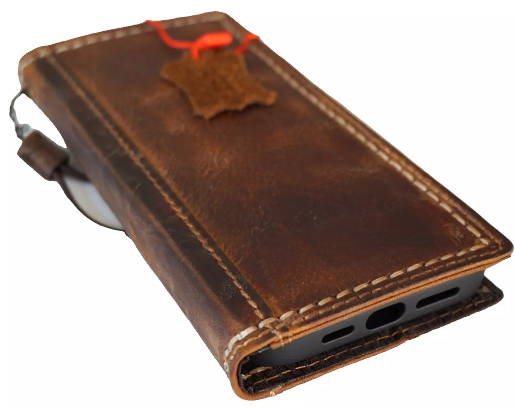 Handmade genuine leather phone case for iPhone models 8 to 16 Pro Max, featuring a wallet and book cover design by DAVISCASE.