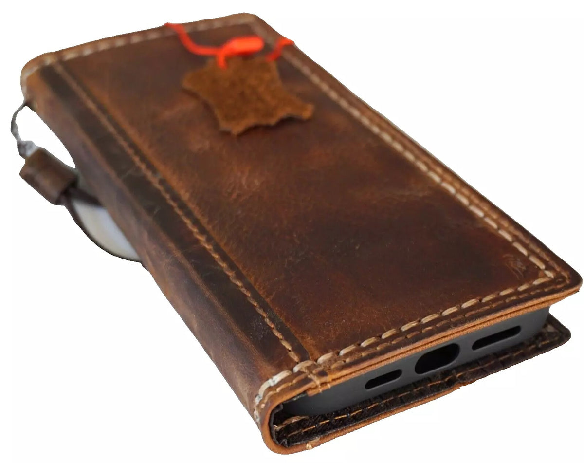 Handmade genuine leather phone case for iPhone models 8 to 16 Pro Max, featuring a wallet and book cover design by DAVISCASE.