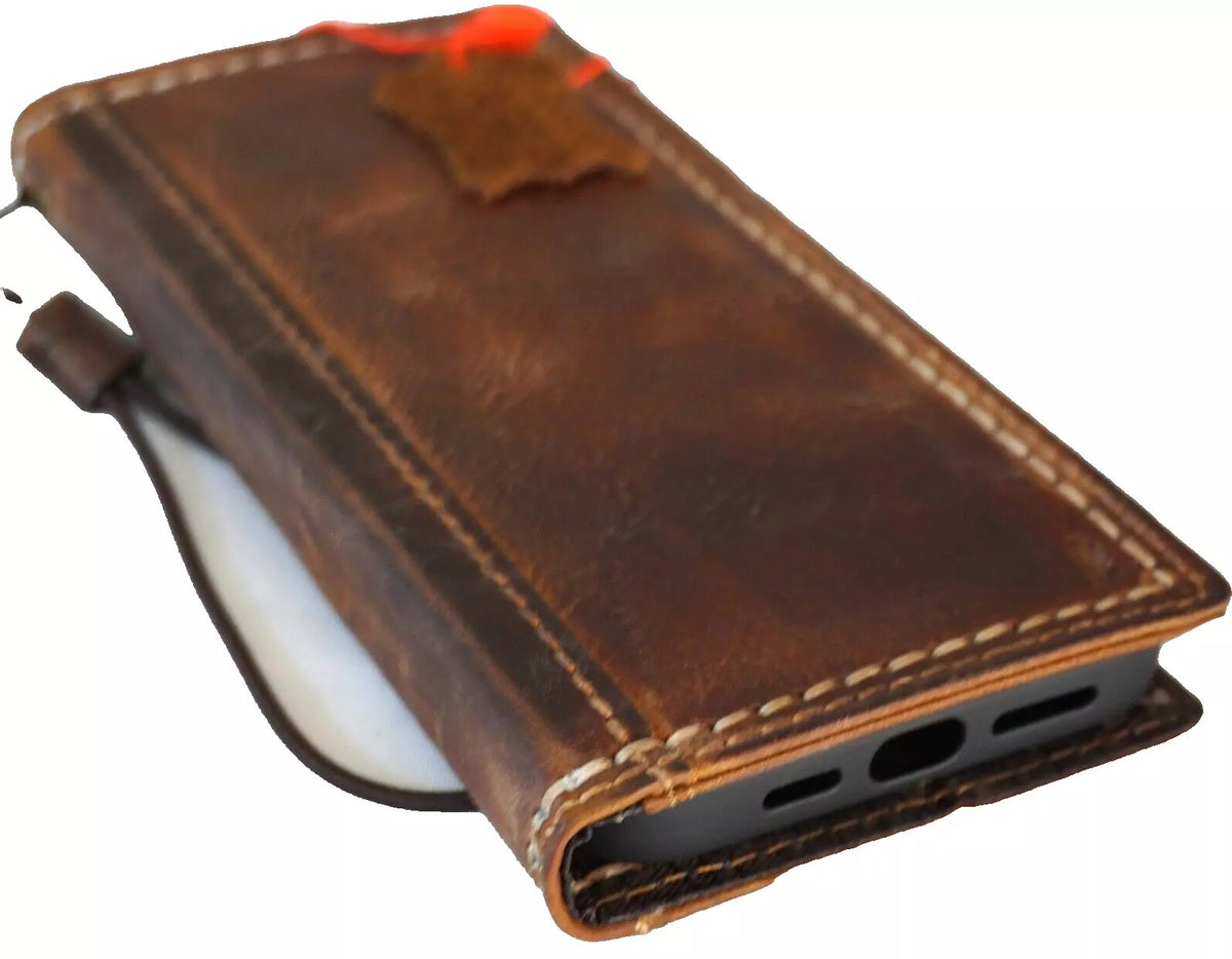 Handmade genuine leather phone case for iPhone 12-16 Pro Max and 8 Plus, with wallet-style cover by DAVISCASE.