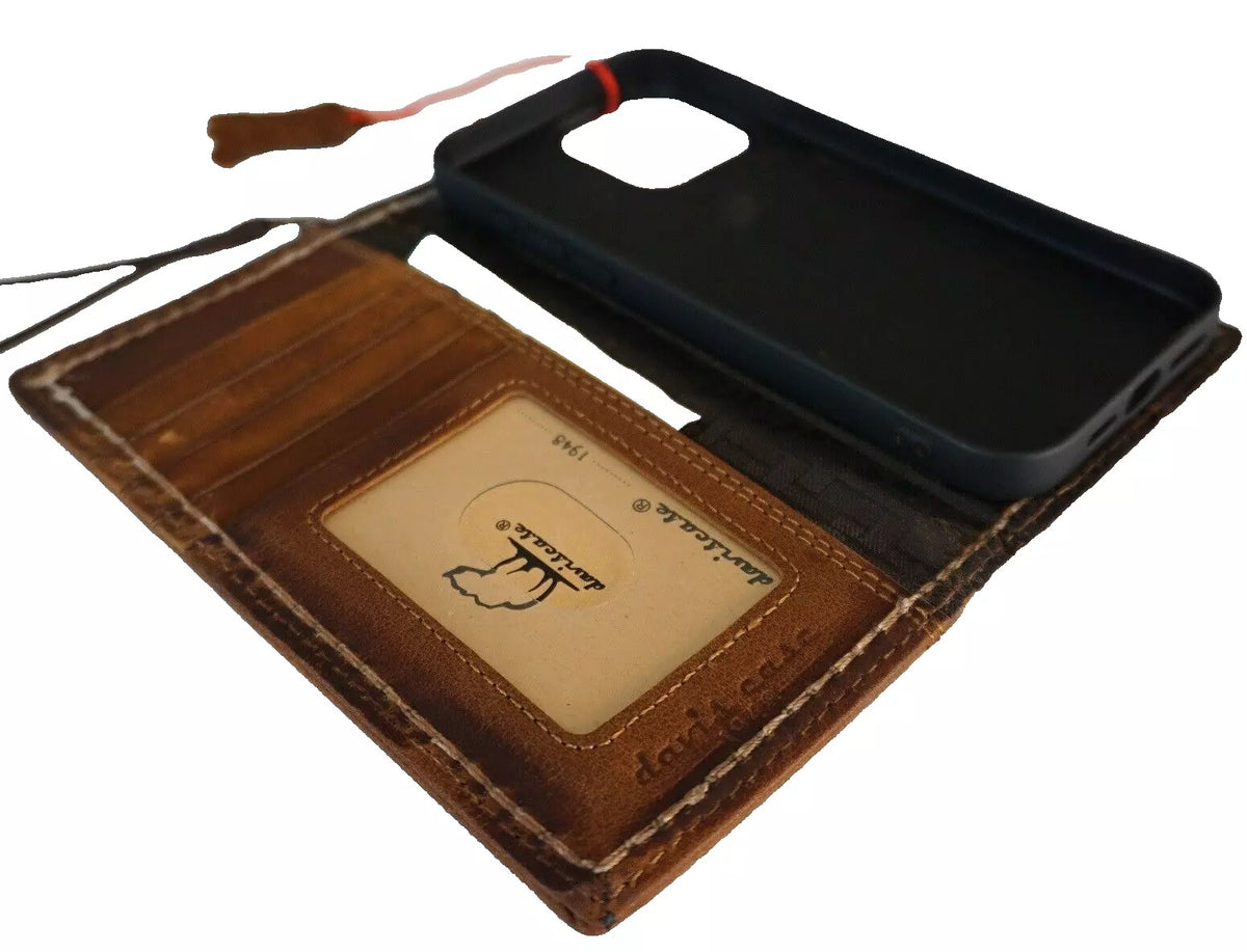 Handmade genuine leather phone case for Apple iPhone 16 and 12-15 Pro Max, featuring wallet-style book cover design by DAVISCASE.
