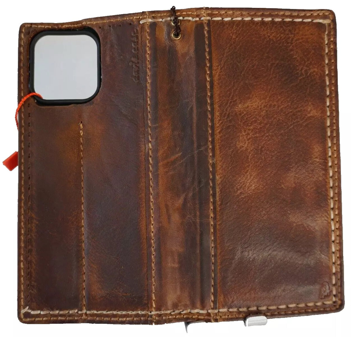 Handmade genuine leather phone case for iPhone models with wallet and book cover design, by DAVISCASE.