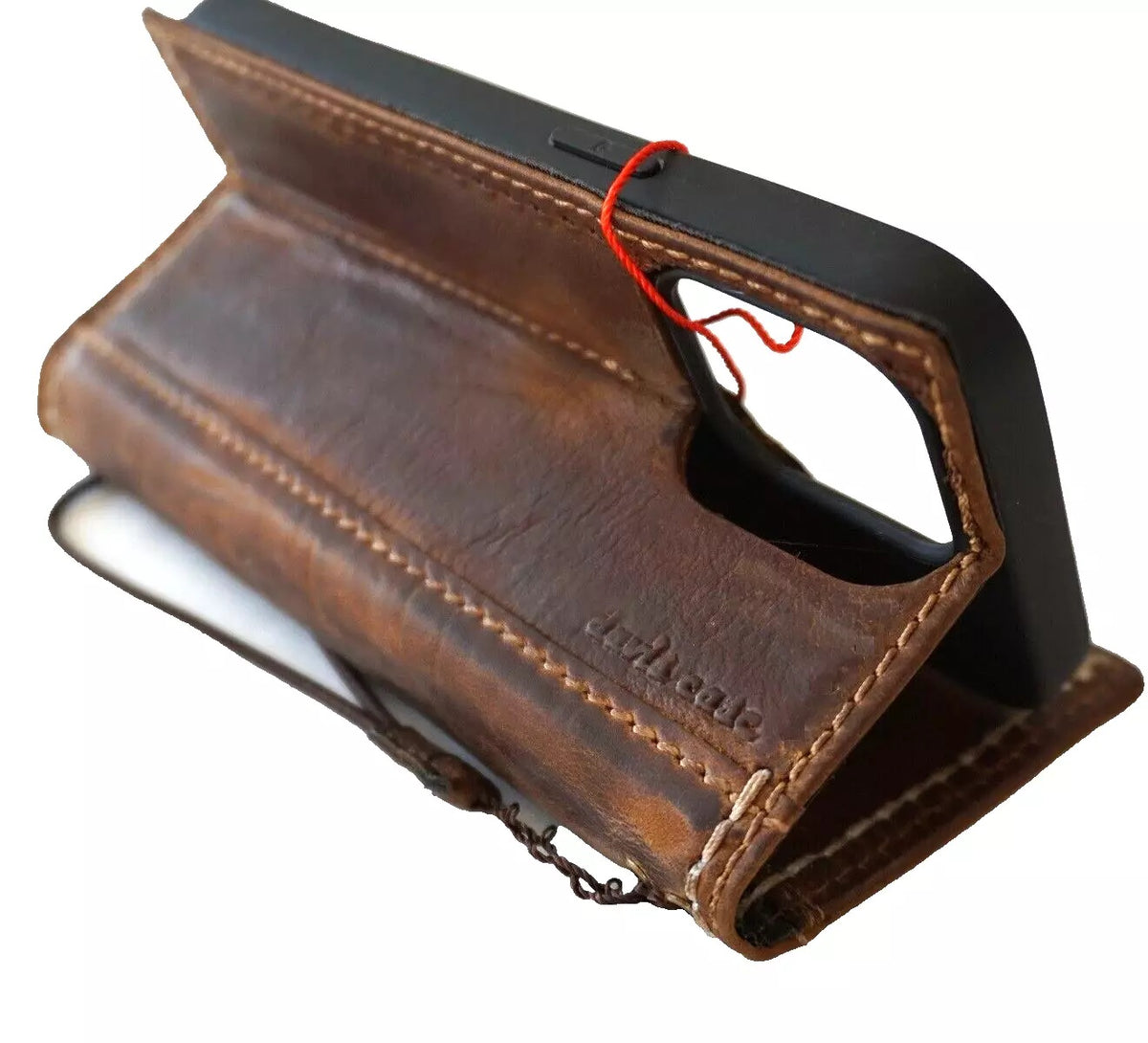 Handmade genuine leather phone case for iPhone 12-16 Pro Max, 8 Plus, with wallet and book cover design by DAVISCASE.