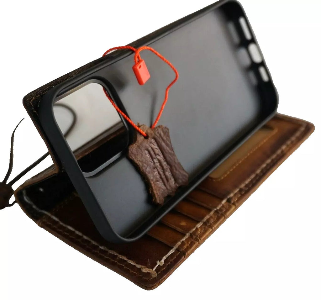 Handmade genuine leather wallet phone case for iPhone 12-16 Pro Max, 8 Plus, with suede interior, by DAVISCASE.